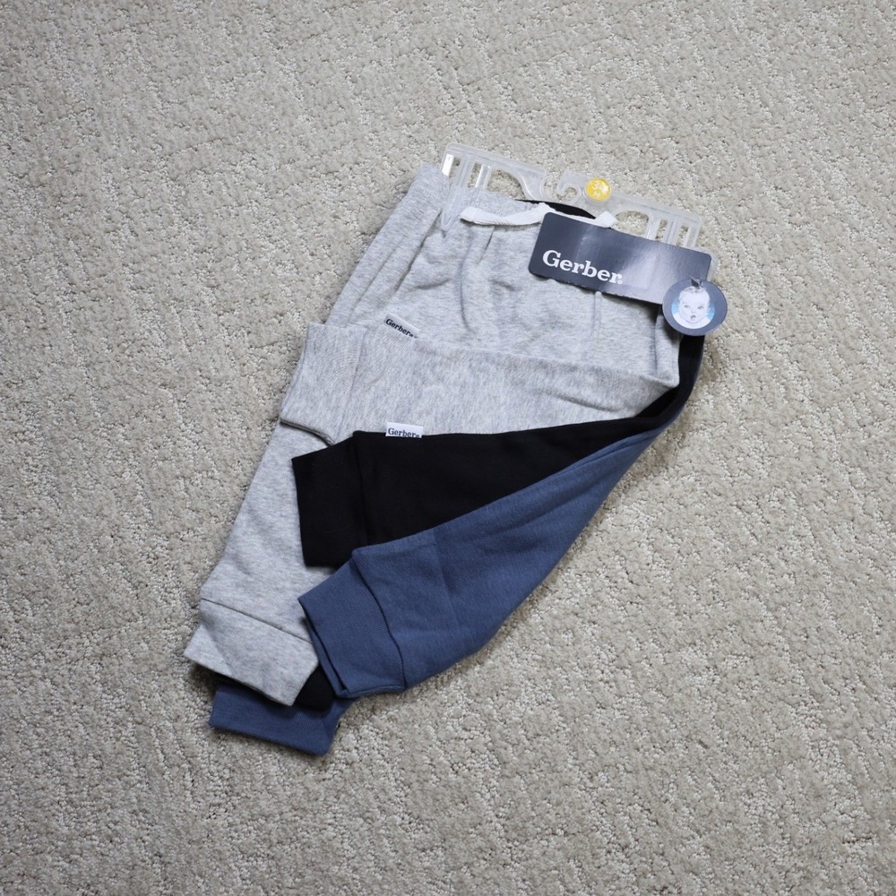 Gerber Baby Pants 3 Pack Gray Black Blue Joggers 3-6 Months NEW